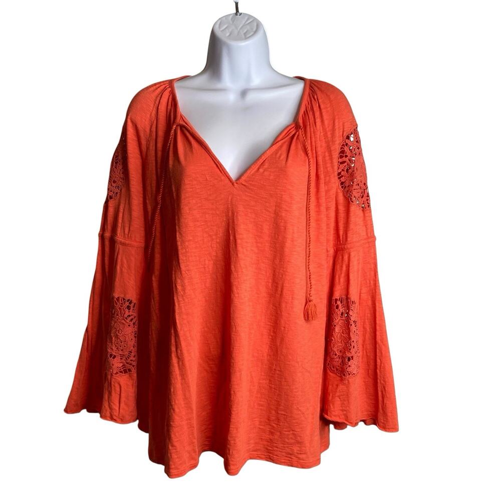 Sundance Women's Orange Tassel Eyelet Boho Top Size M Coastal Bell Sleeve Flowy